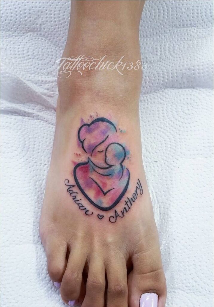 Colorful Mother and Child Watercolor Tattoo mommy tattoo ideas tattoo