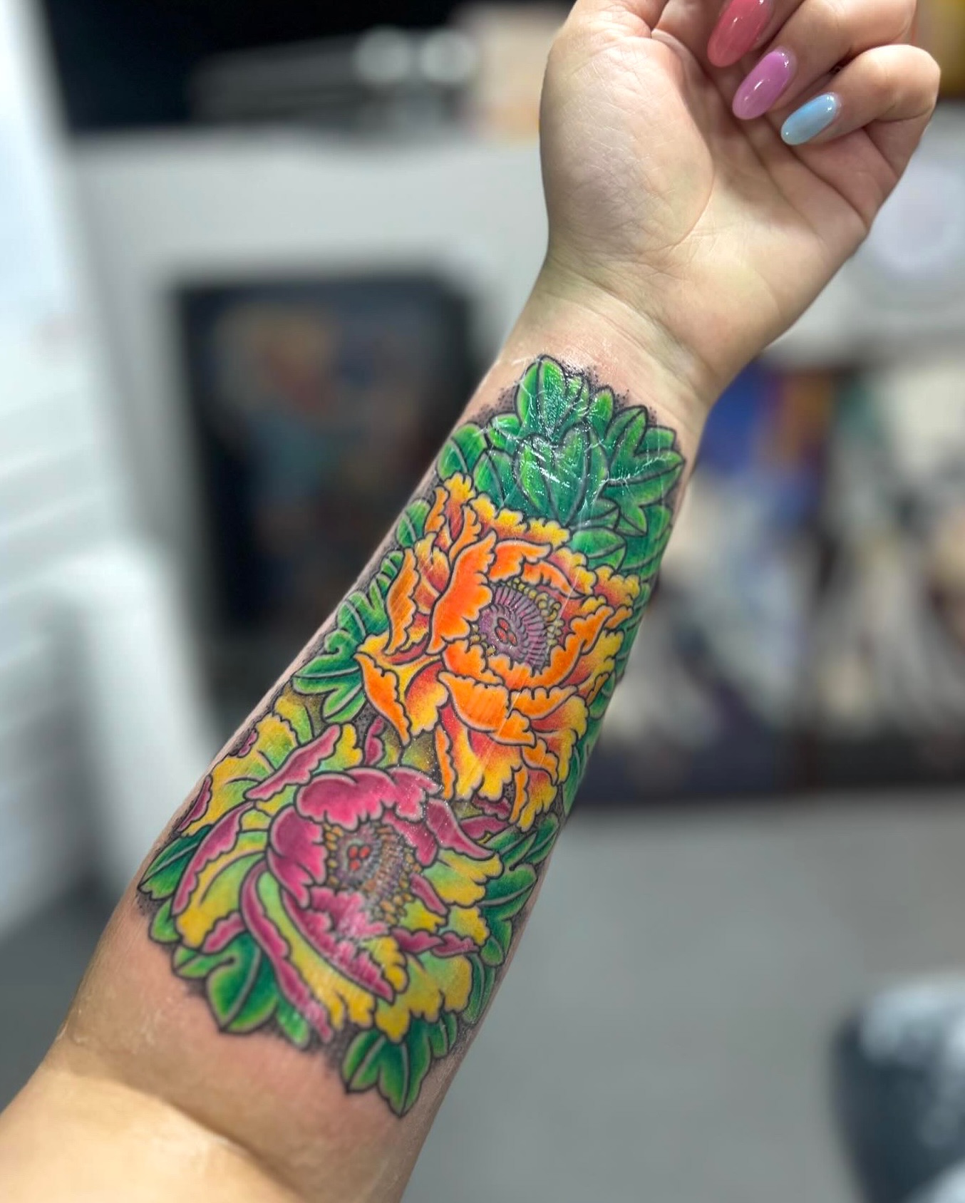 Colorful Peony Flower Forearm Tattoo japanese flower tattoos tattoo