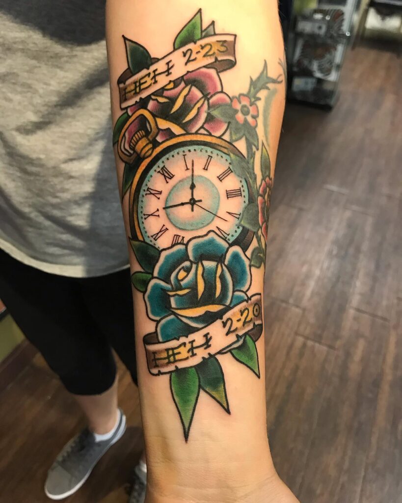 Family Pocket Watch Tattoo with Birthdates pocket watch tattoos tattoo
