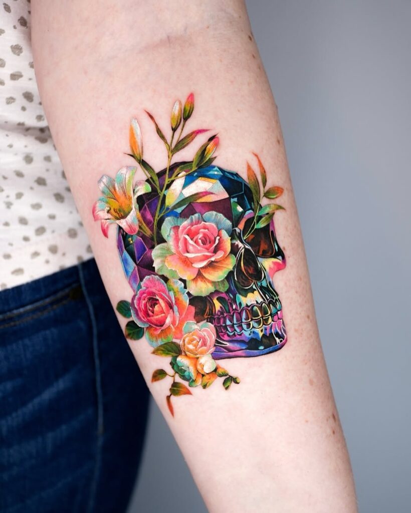 Colorful Rose and Skull Tattoo on Forearm rose tattoos for women tattoo