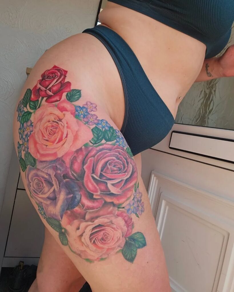 Colorful Rose Bouquet Thigh Tattoo rose tattoos for women tattoo