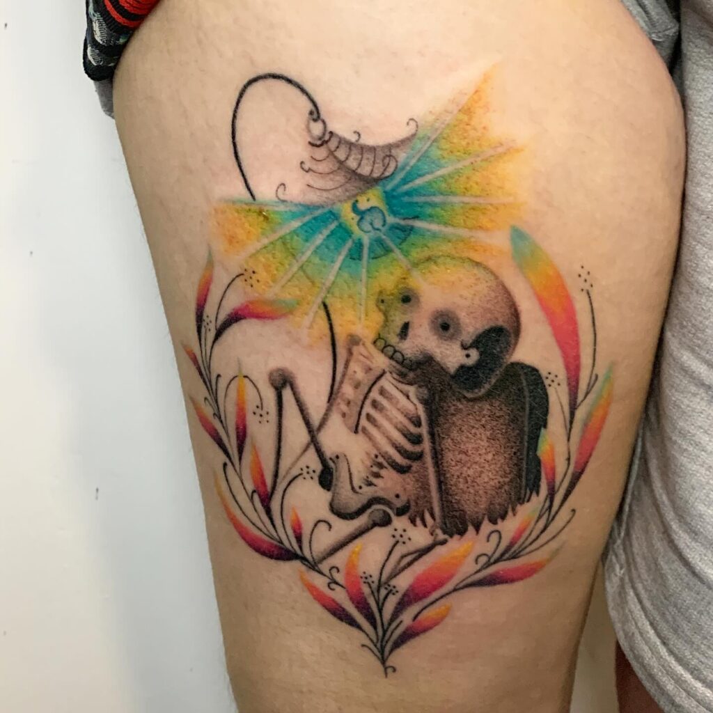 Geometric Memento Mori With Hourglass And Skulls Tattoo