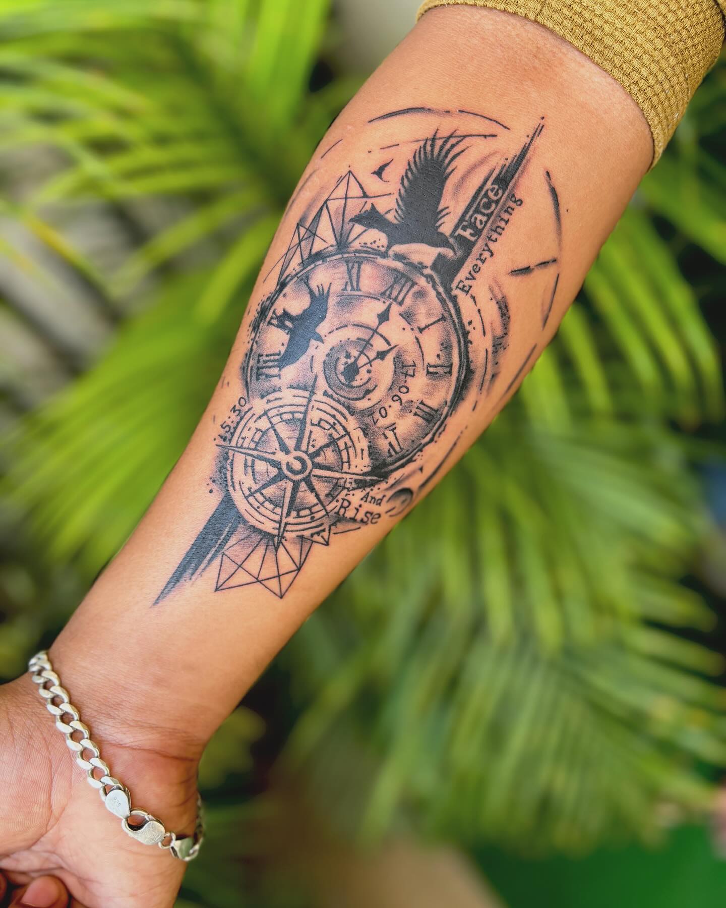 Compass and Clock Tattoo With Raven clock tattoo ideas tattoo