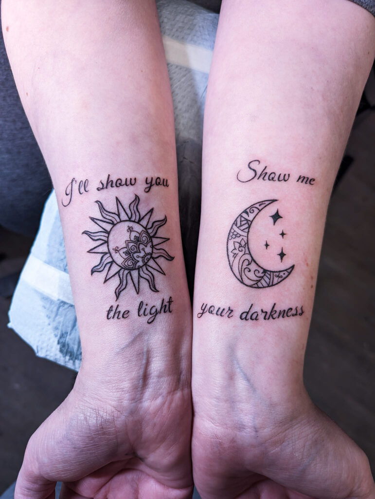 Complementary Sun and Moon Couple Tattoos with Quotes symbolic sun and moon tattoo ideas tattoo
