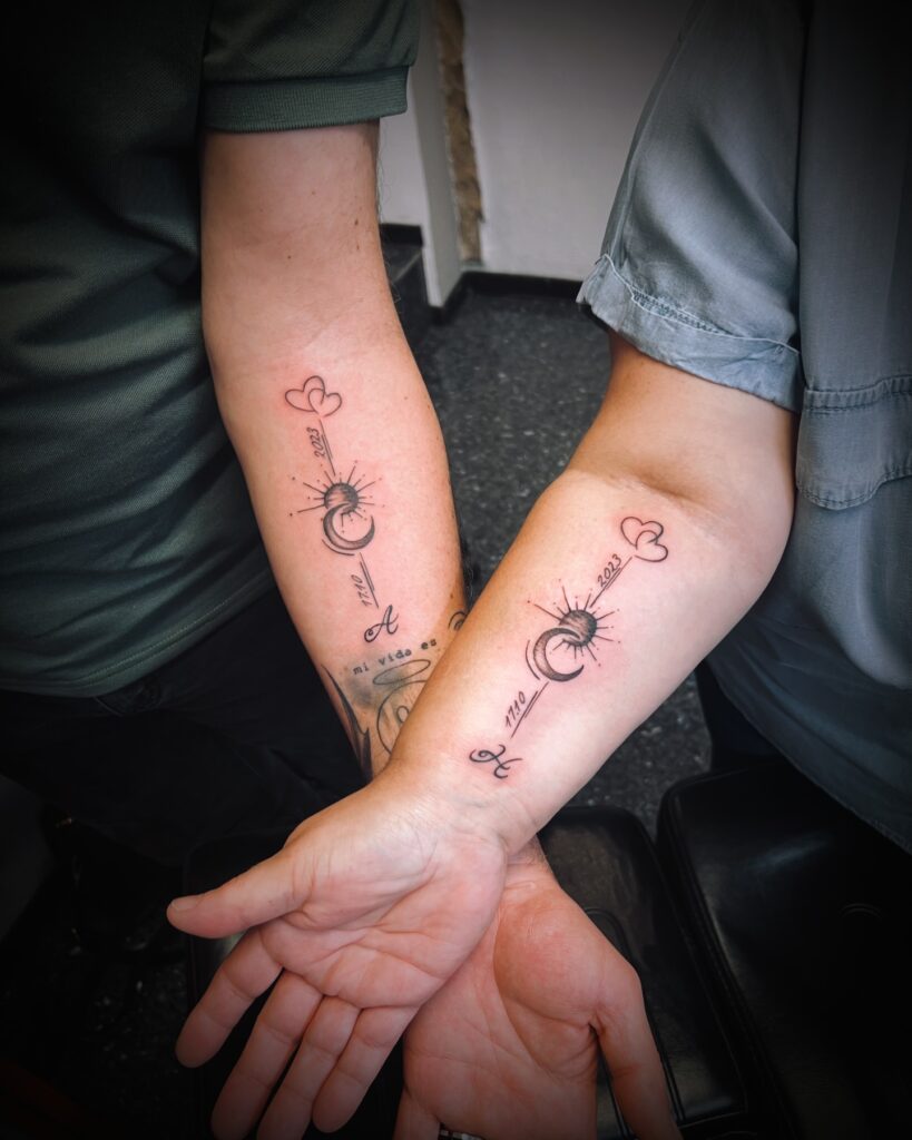 Connected Hearts and Celestial Rings Tattoos
