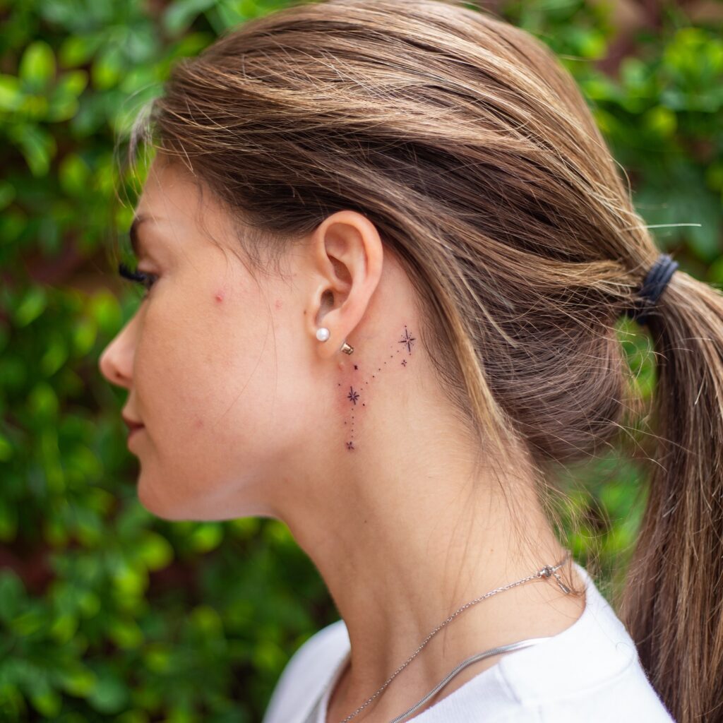Blue Forget Me Not Behind Ear Tattoo