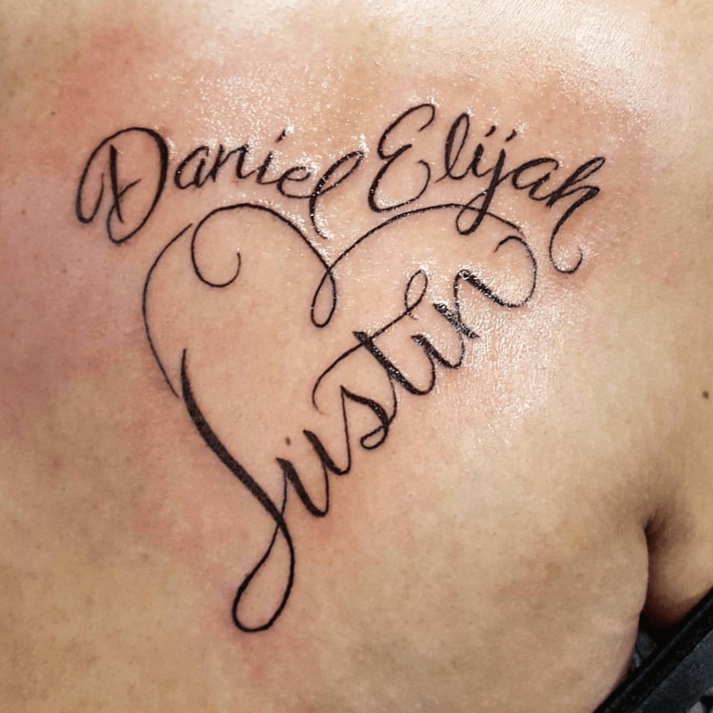 Continuous Heart Contour Framing Family Names kids name tattoo