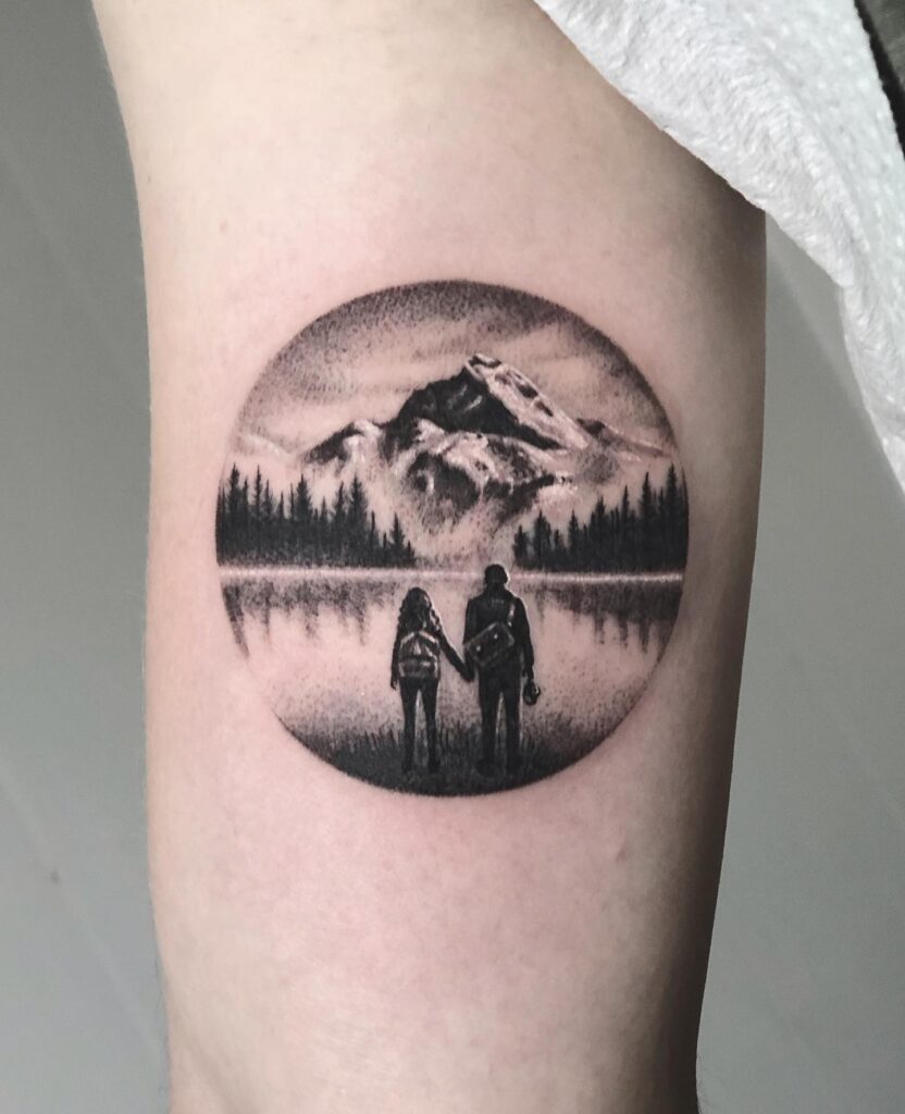 Couple in Mountain Landscape Tattoo mountain tattoos tattoo