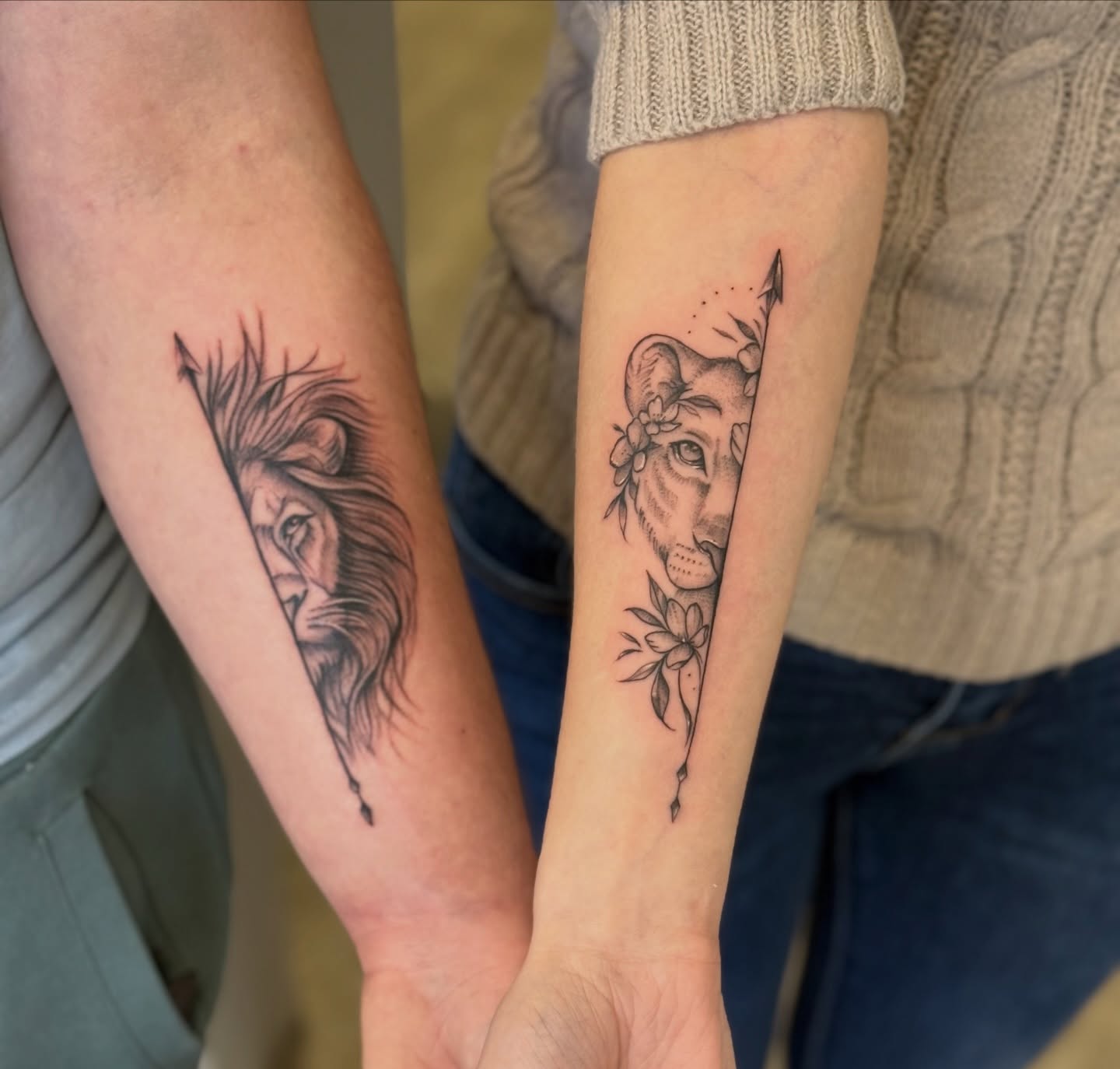 Lion And Lioness Arrow Couples Tattoo