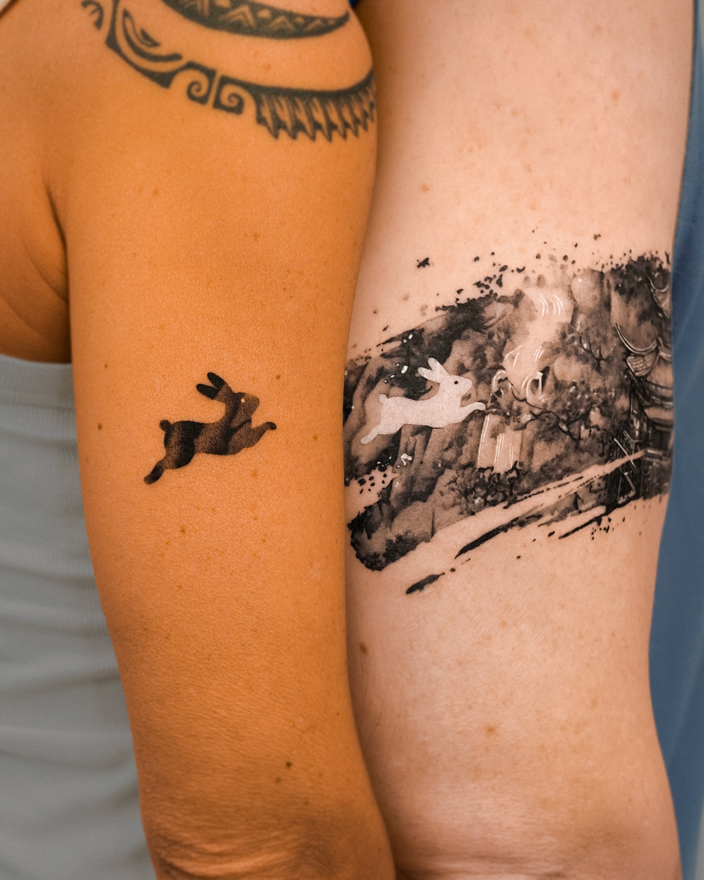 Running Rabbit Scene Couples Tattoo