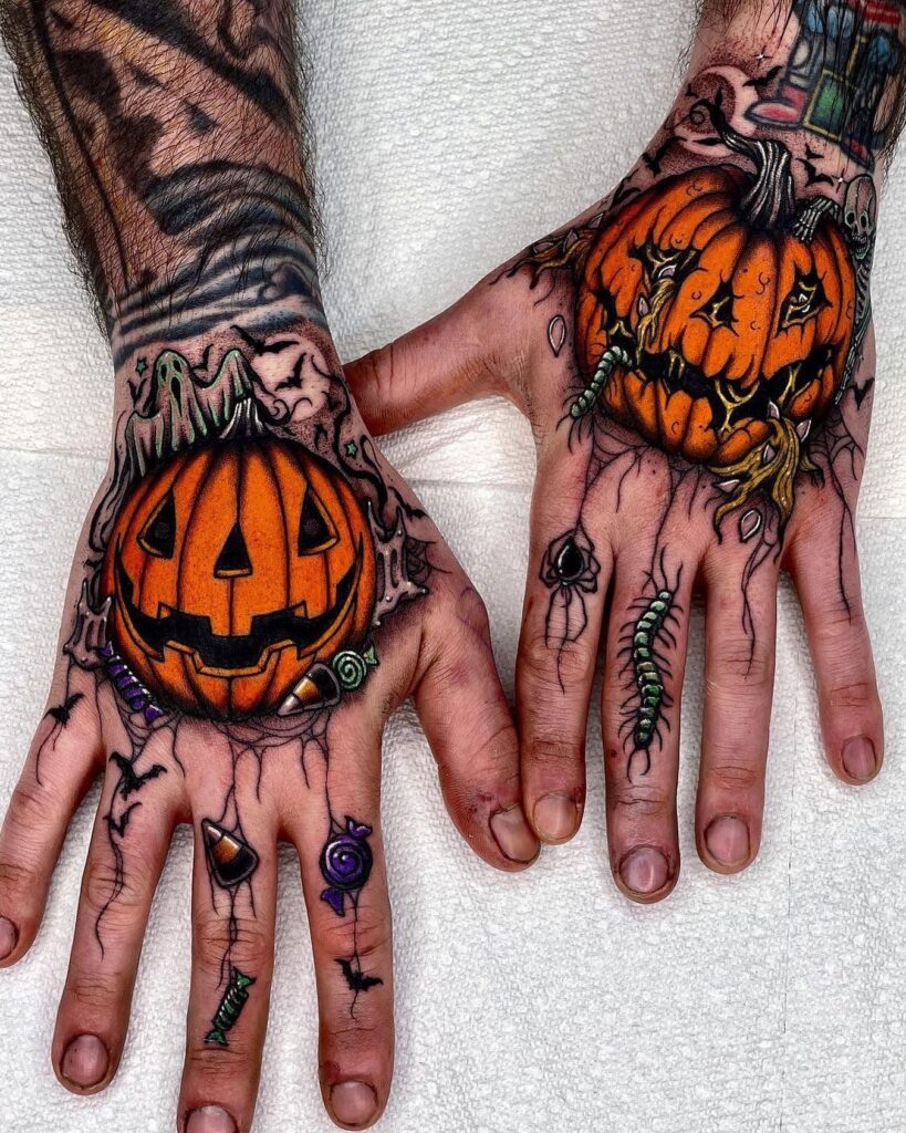 Glowing Jack O’ Lantern with Crescent Moon Tattoo jack o lantern tattoo ideas tattoo