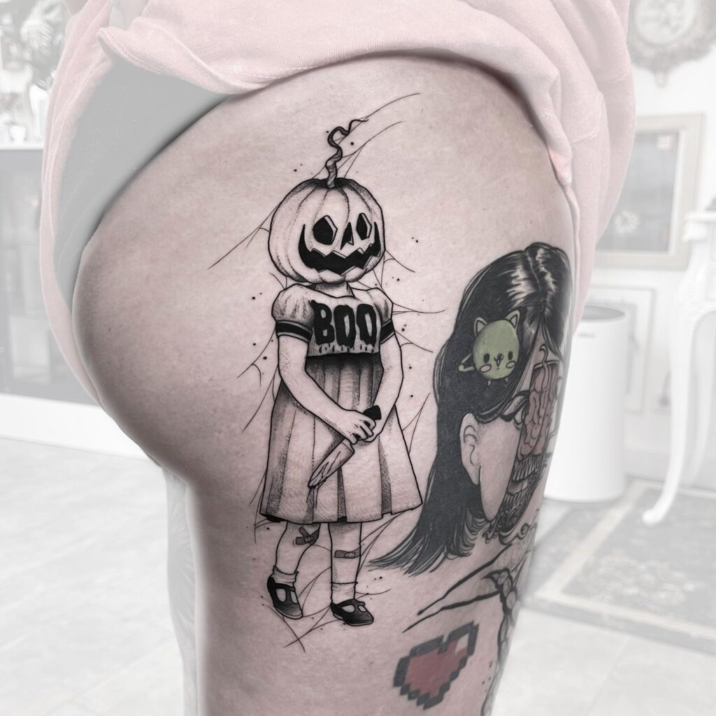 Witch Cat And Pumpkin Tattoo
