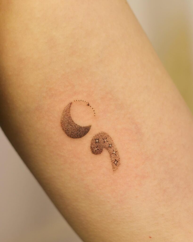 Crescent Moon and Starry Semi-Colon Tattoo meaningful semicolon tattoo ideas tattoo