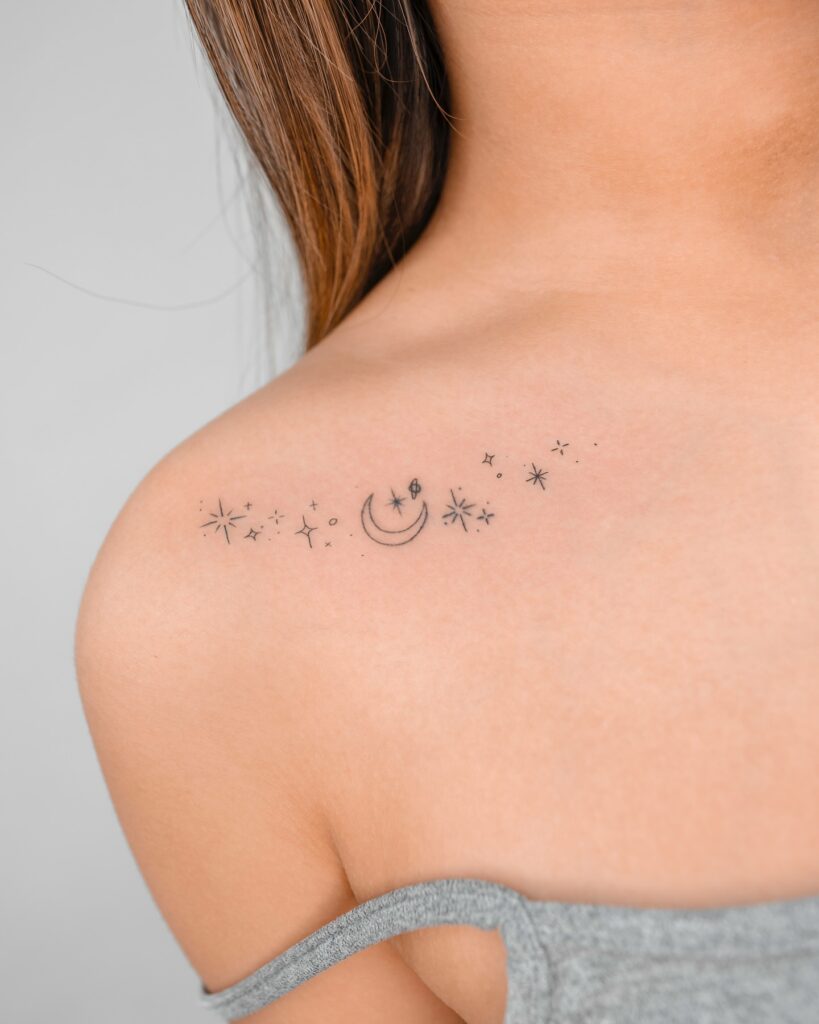 Crescent Moon and Stars Collarbone Tattoo meaningful tiny tattoos tattoo