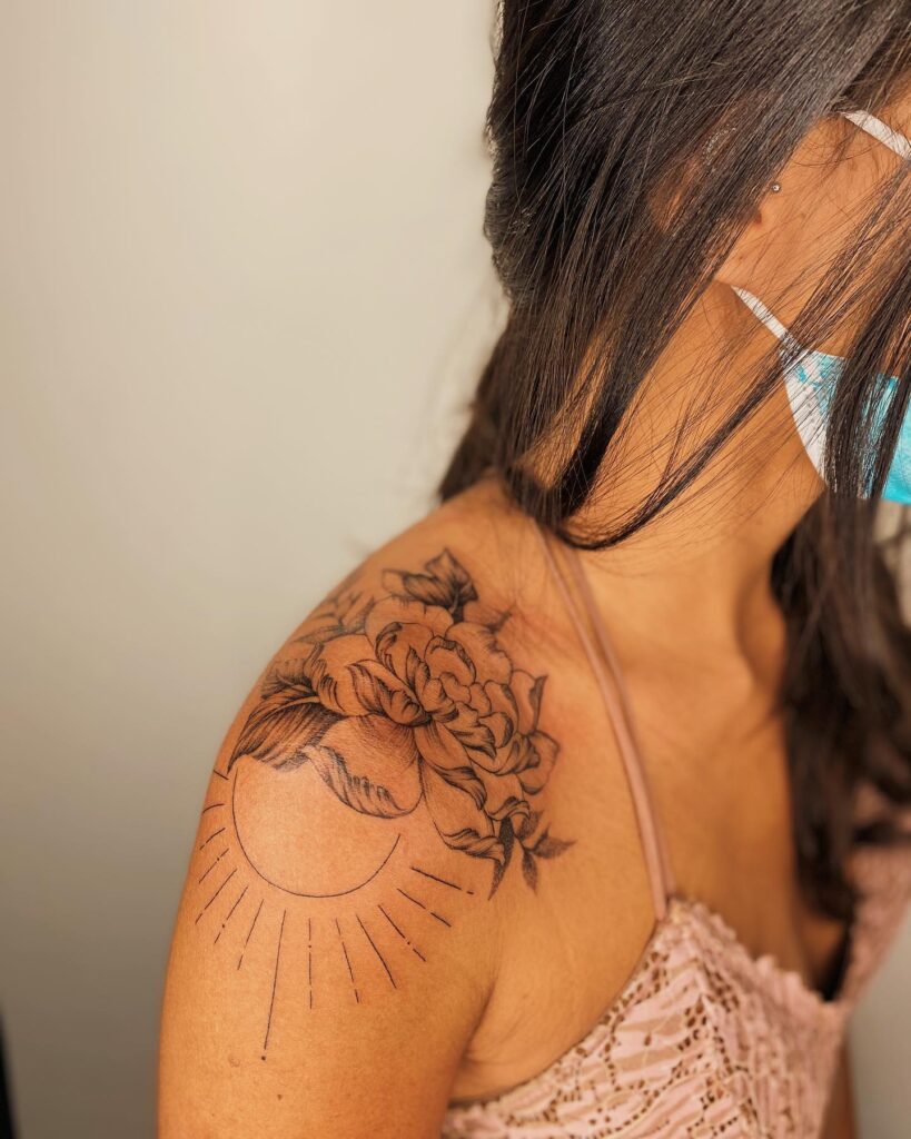 Crescent Sun and Peony Shoulder Tattoo women shoulder flower tattoo ideas tattoo