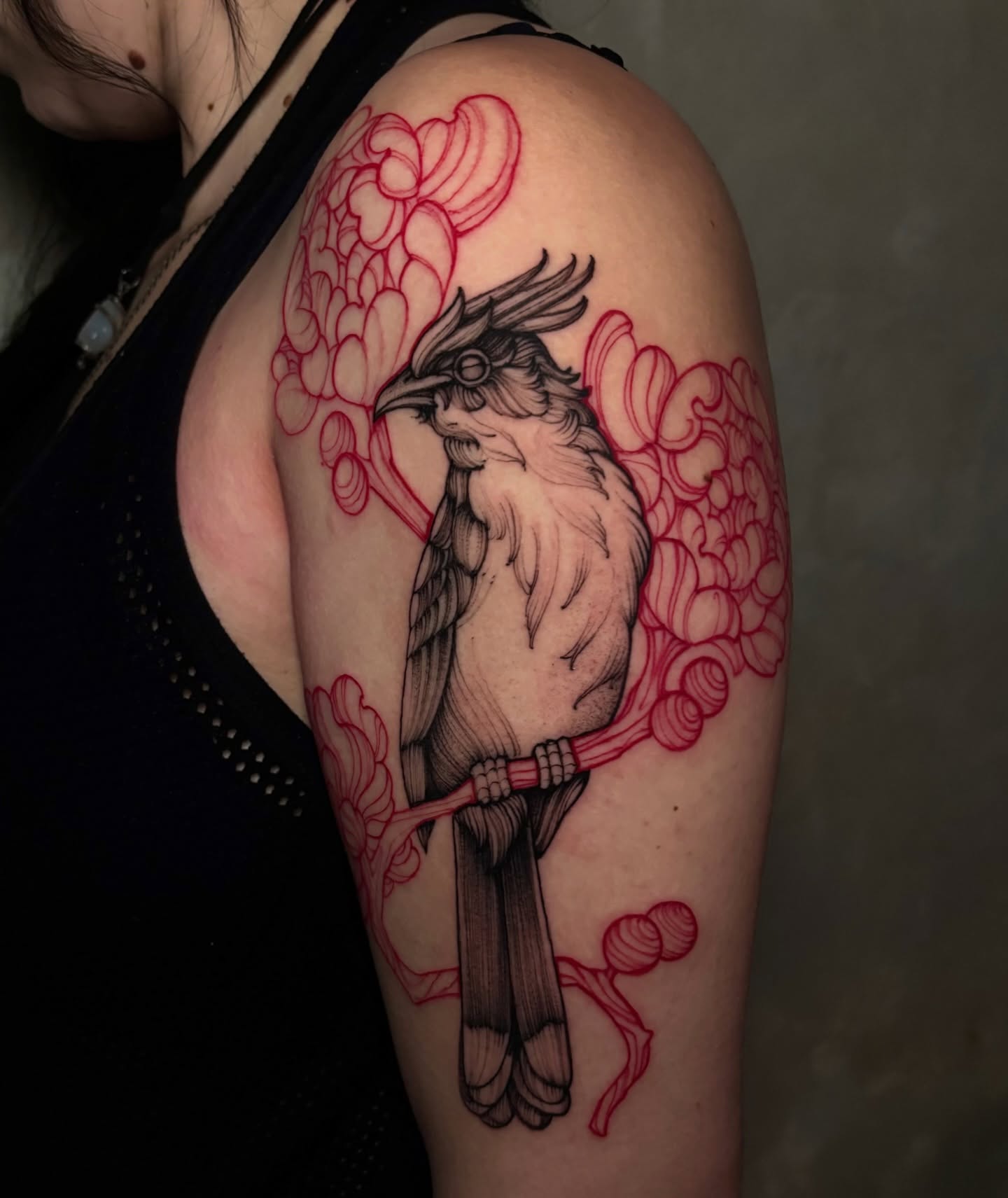 Crested Songbird and Blossoms Tattoo bird tattoos ideas for women tattoo
