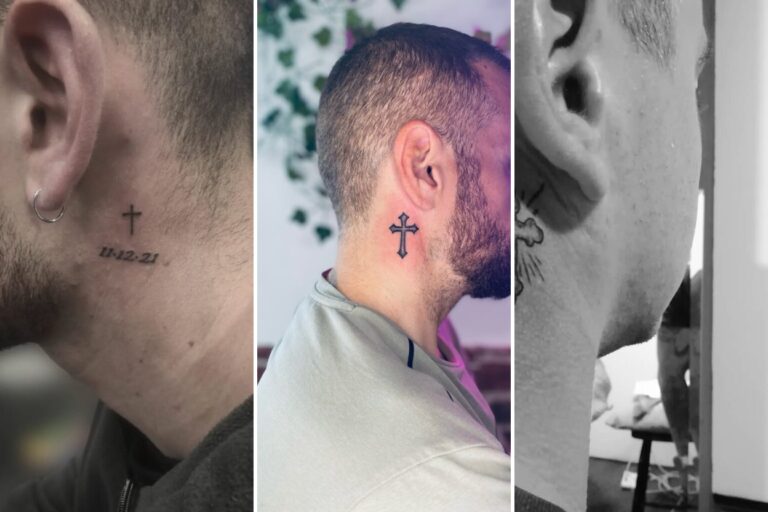 Aesthetic cross behind the ear tattoo ideas and delicate ink ideas collage
