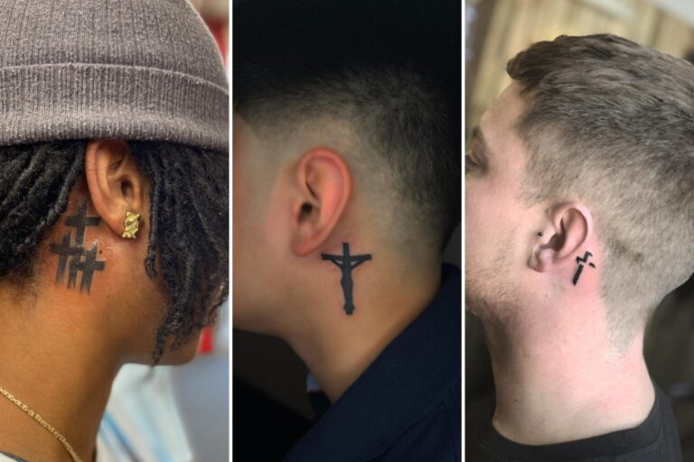 Aesthetic cross behind the ear tattoo ideas and delicate ink ideas collage