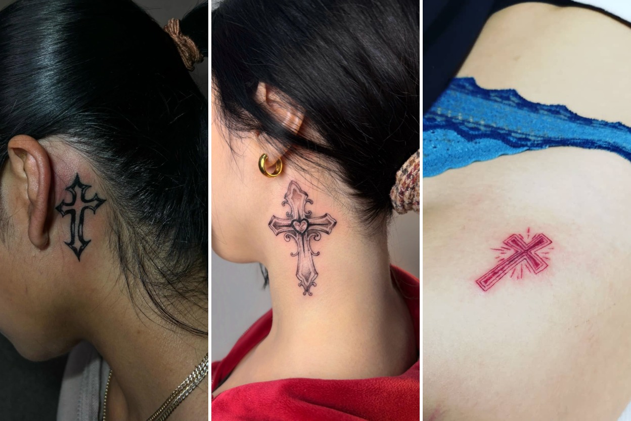 Aesthetic cross tattoos ideas for women and delicate ink ideas collage