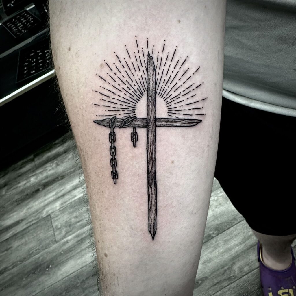 Cross with Chains and Radiant Sun Tattoo cross tattoos for men tattoo