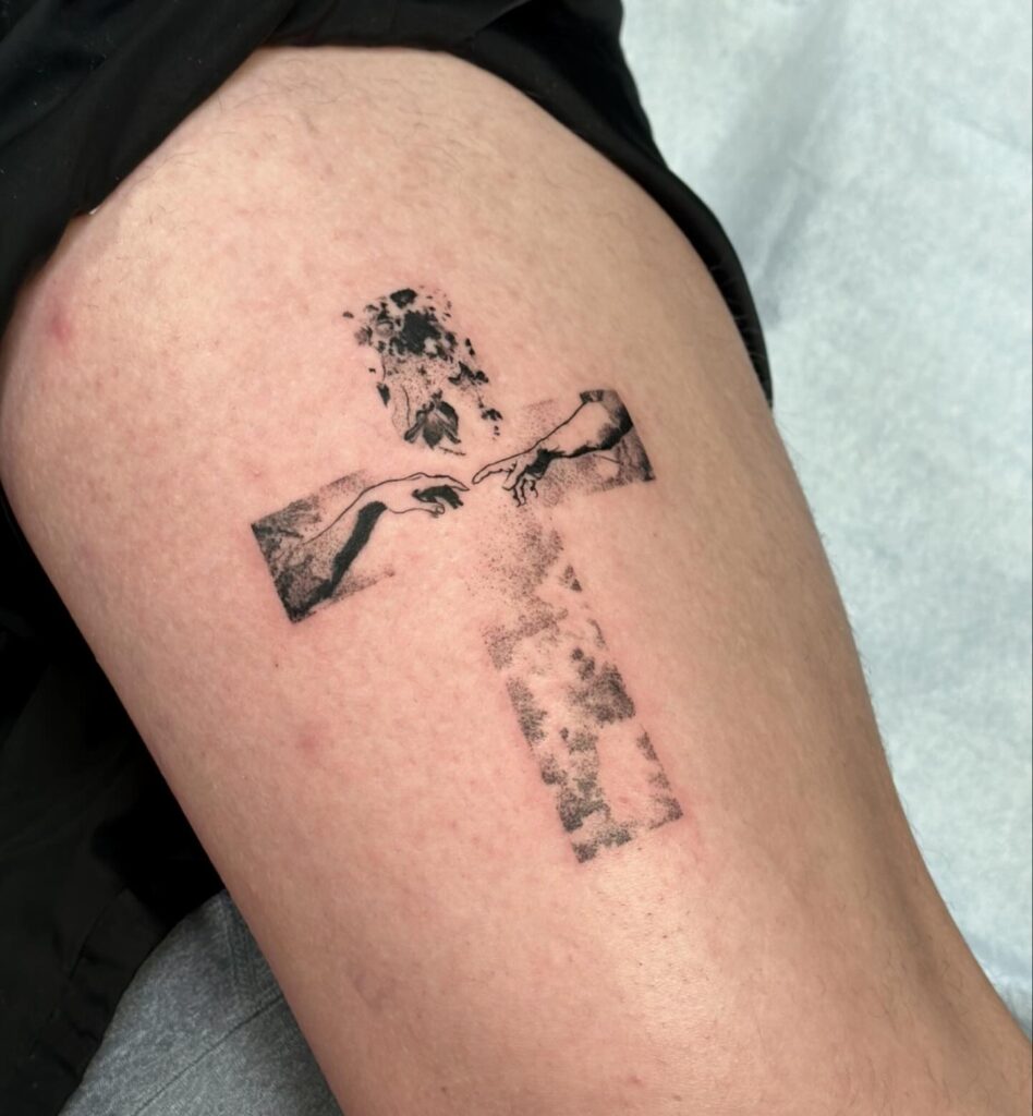 Cross with Creation of Adam Thigh Tattoo cross tattoos for men tattoo