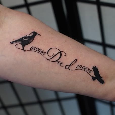Crow-Themed Dad Memorial Tattoo with Dates dad memorial tattoos tattoo