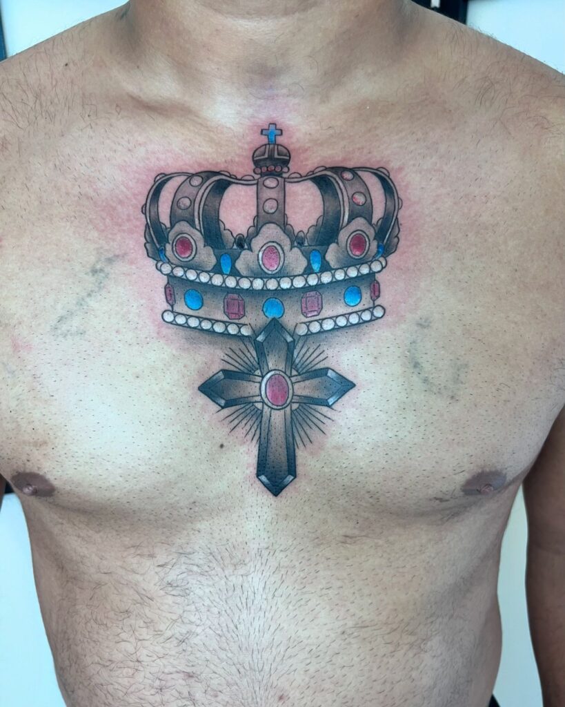 Crown and Cross Chest Tattoo cross tattoos for men tattoo