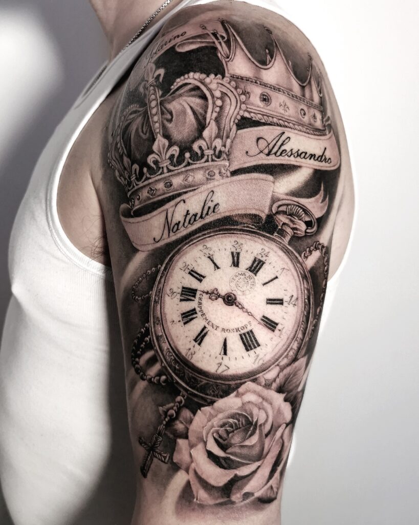 Dual Pocket Watch and Rose Forearm Tattoo pocket watch tattoos tattoo