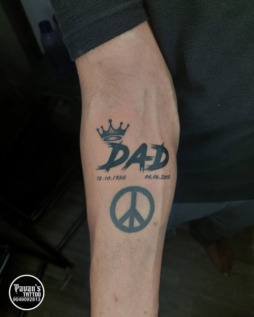 Crowned Dad Memorial Tattoo with Peace Symbol dad memorial tattoos tattoo