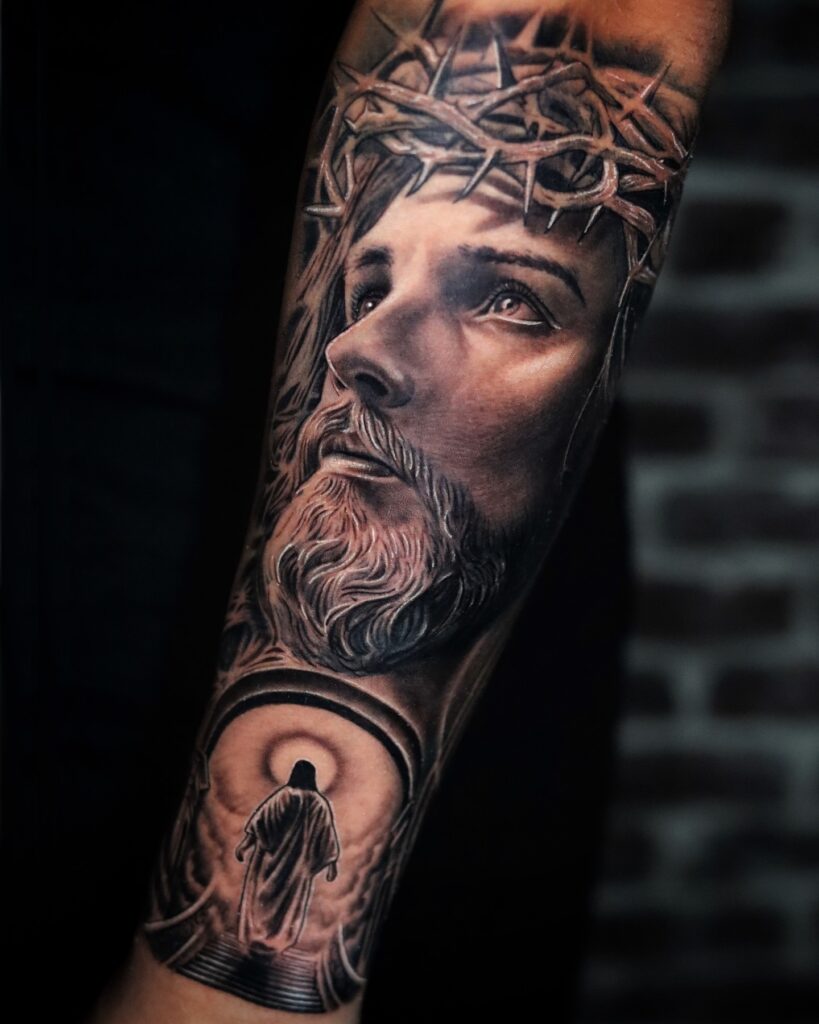Crowned Jesus and Rose Tattoo jesus tattoos tattoo