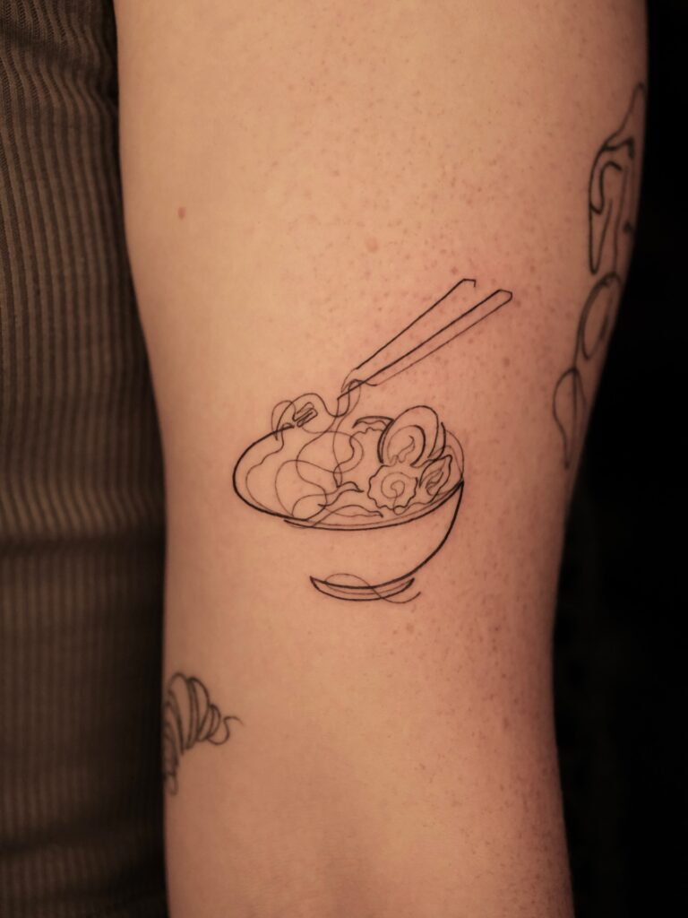 One line culinary noodle bowl tattoo