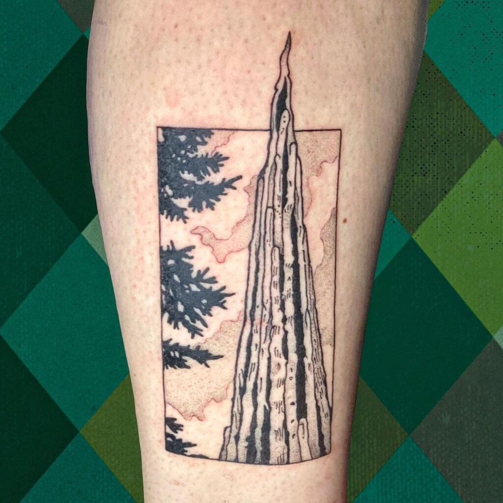 Curved Earth Art Wooden Spire in Forest nature scene tattoo