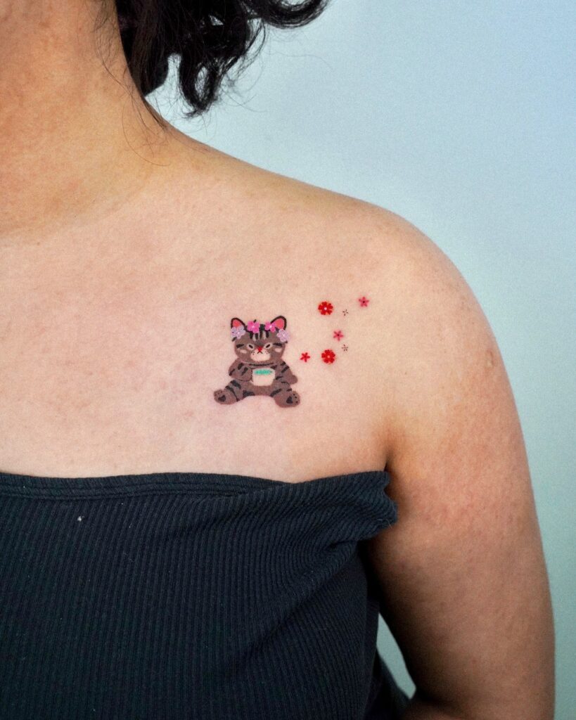 Cute Cat with Milk and Blossoms Tattoo small cat tattoos tattoo