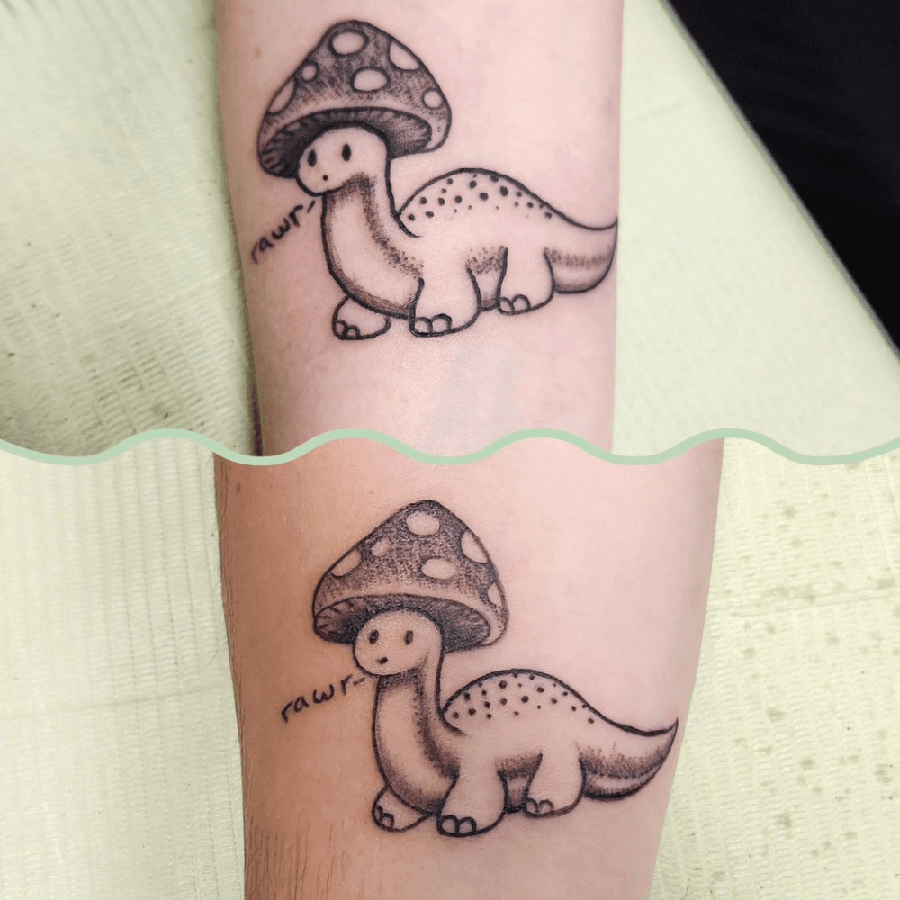 Cute Dinosaur with a Mushroom Cap mom and son tattoo ideas tattoo