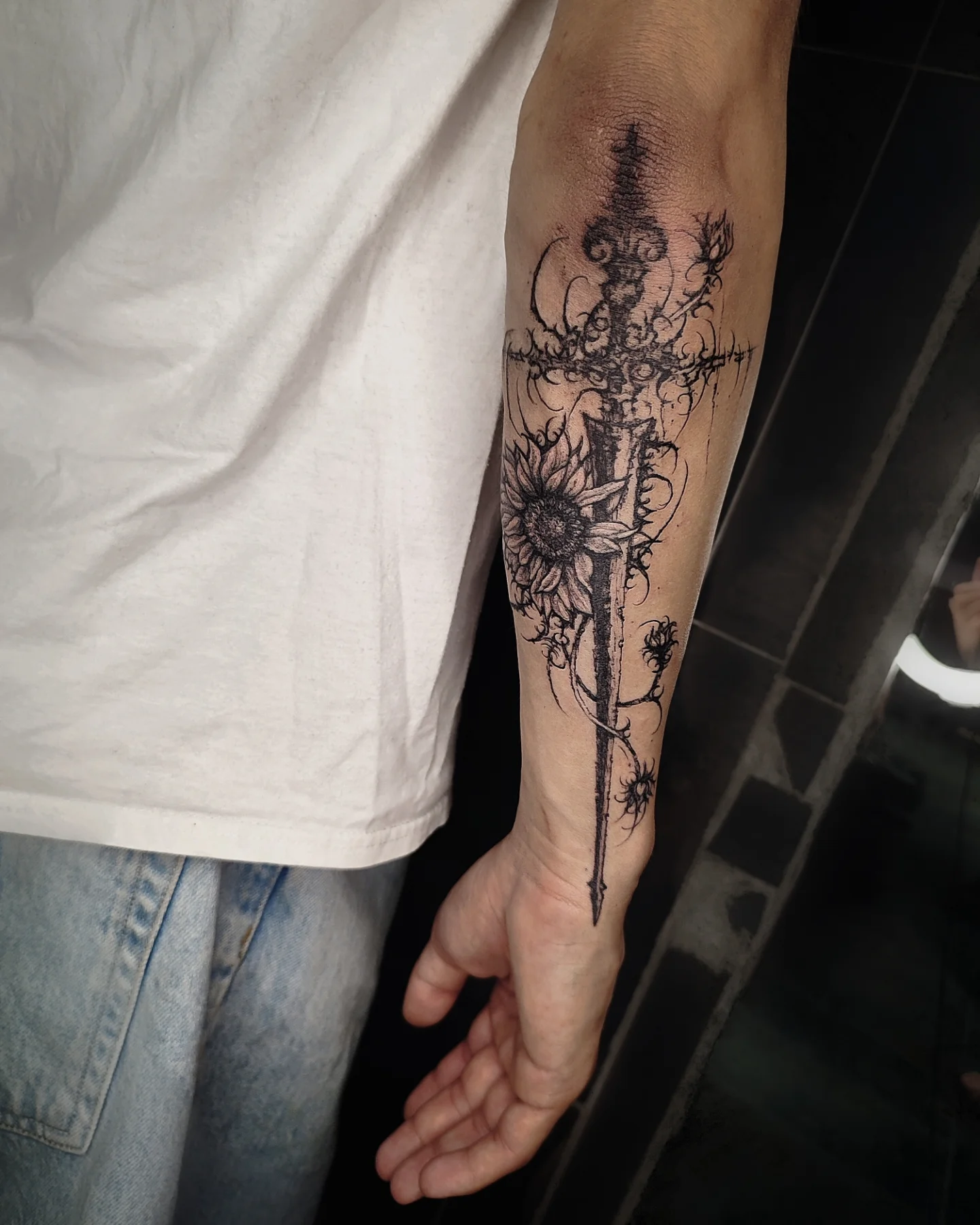 Ornate Sword And Sunflower Cybersigilism Tattoo