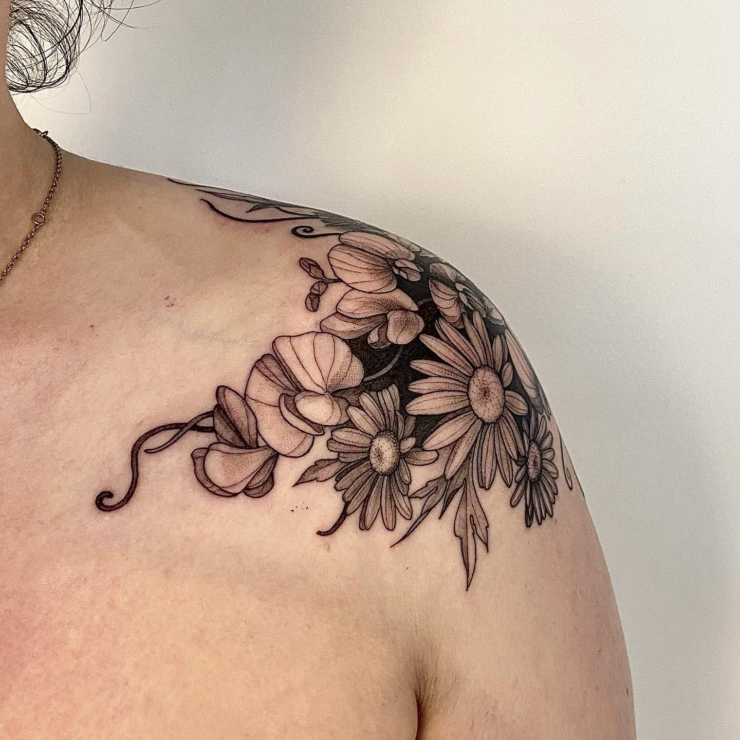 Rose And Snake Skeleton Shoulder Cap Tattoo
