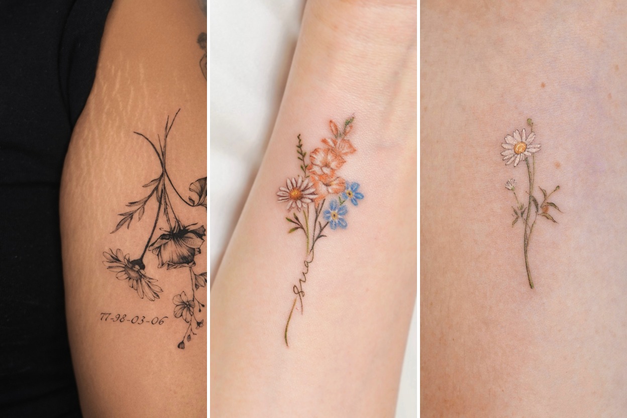 Aesthetic daisy tattoo ideas and delicate ink ideas collage