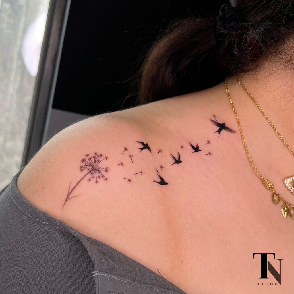 Dandelion to Birds Shoulder Tattoo bird tattoo ideas for women with meaning tattoo