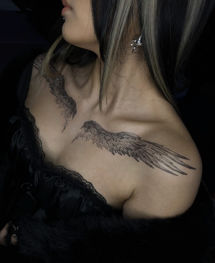 Dark Elegance Shoulder Wing Tattoo angel wings tattoo ideas tattoo