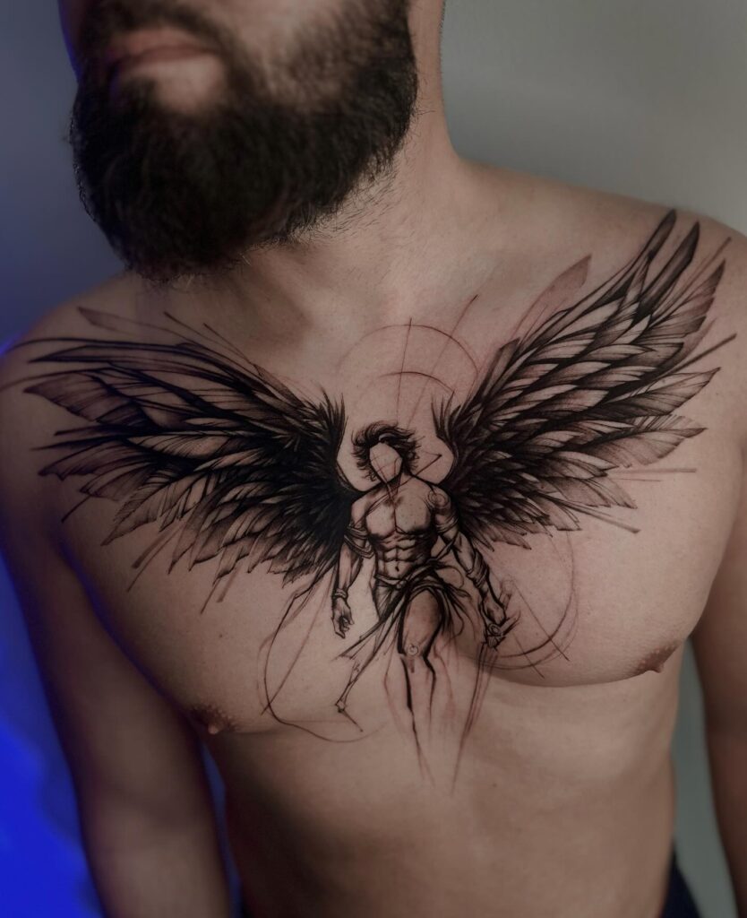 Dark Fallen Angel Chest Tattoo angel tattoo ideas tattoo