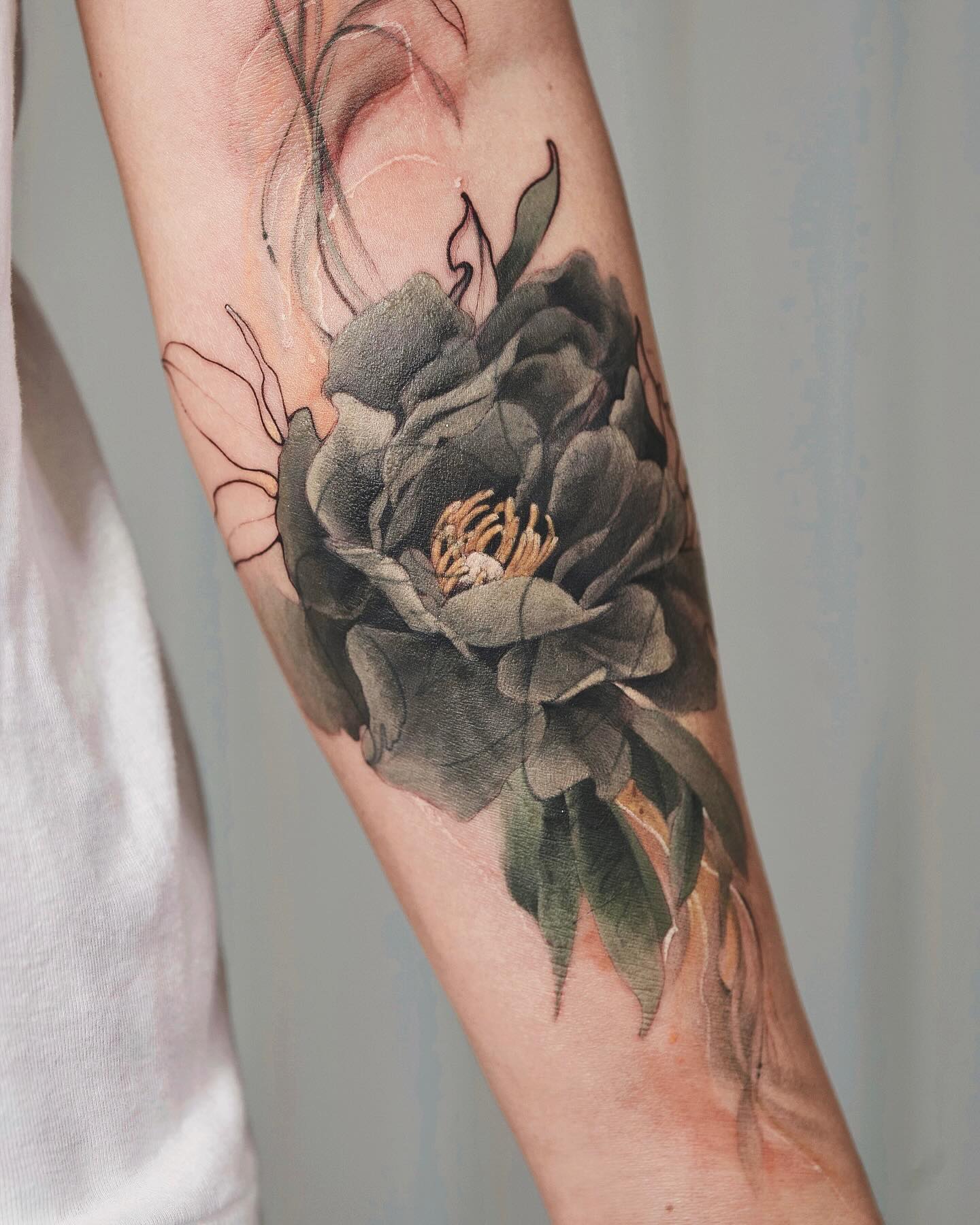 Dark Shaded Peony Forearm Tattoo peony tattoos ideas tattoo