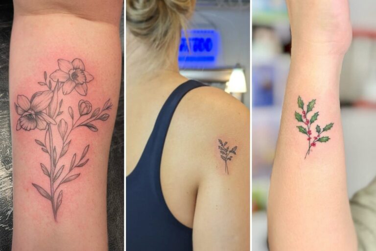 Aesthetic december birth flower tattoo ideas and delicate ink ideas collage