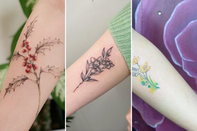 Aesthetic december birth flower tattoo ideas and delicate ink ideas collage