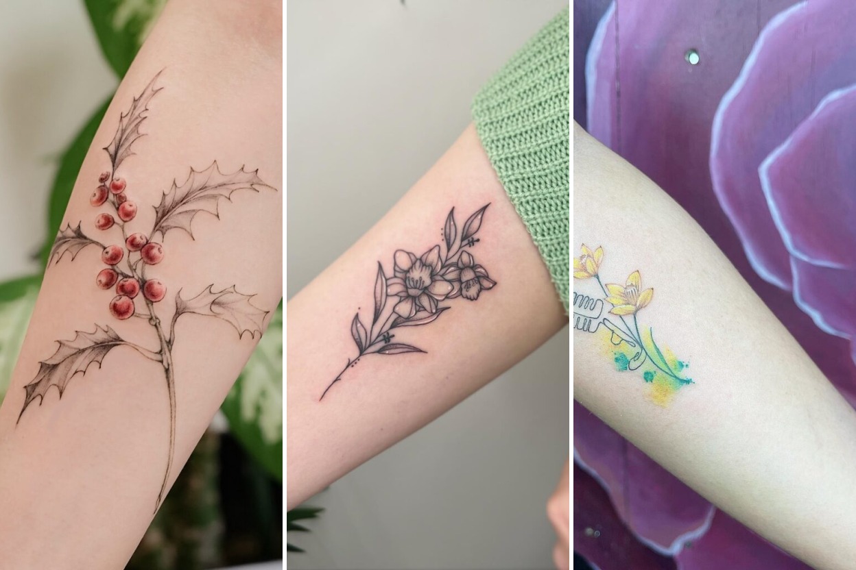 Aesthetic december birth flower tattoo ideas and delicate ink ideas collage