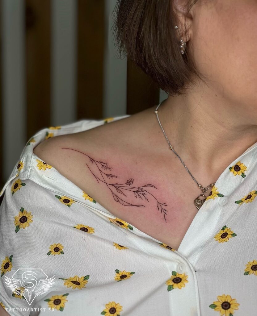 Abstract Red Peony Collarbone Tattoo