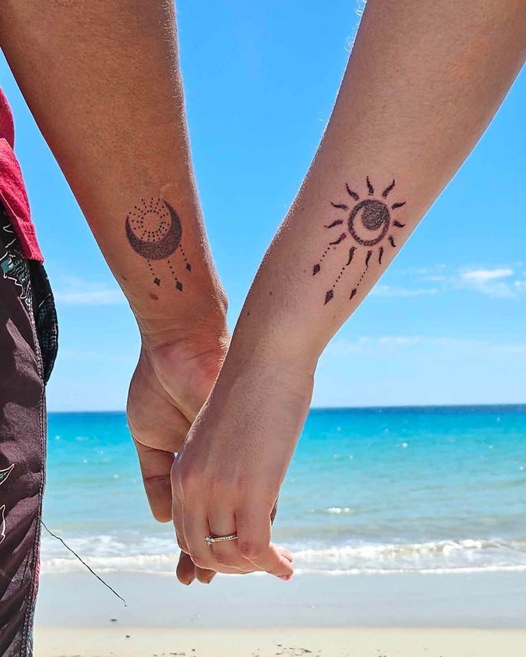 Dotwork sun and moon tattoos with elegant details