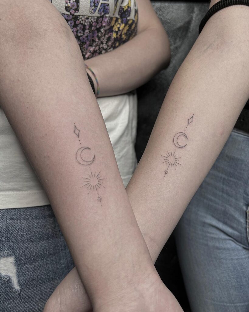 Delicate Moon, Sun, and Star Matching Tattoos for Best Friends matching best friend tattoos tattoo