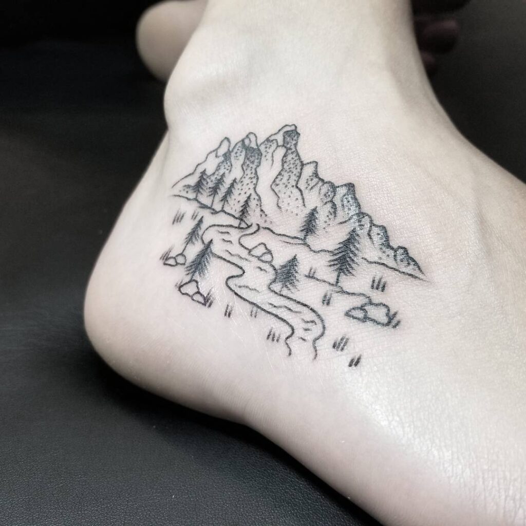 Delicate Mountain River on Foot and Ankle nature scene tattoo