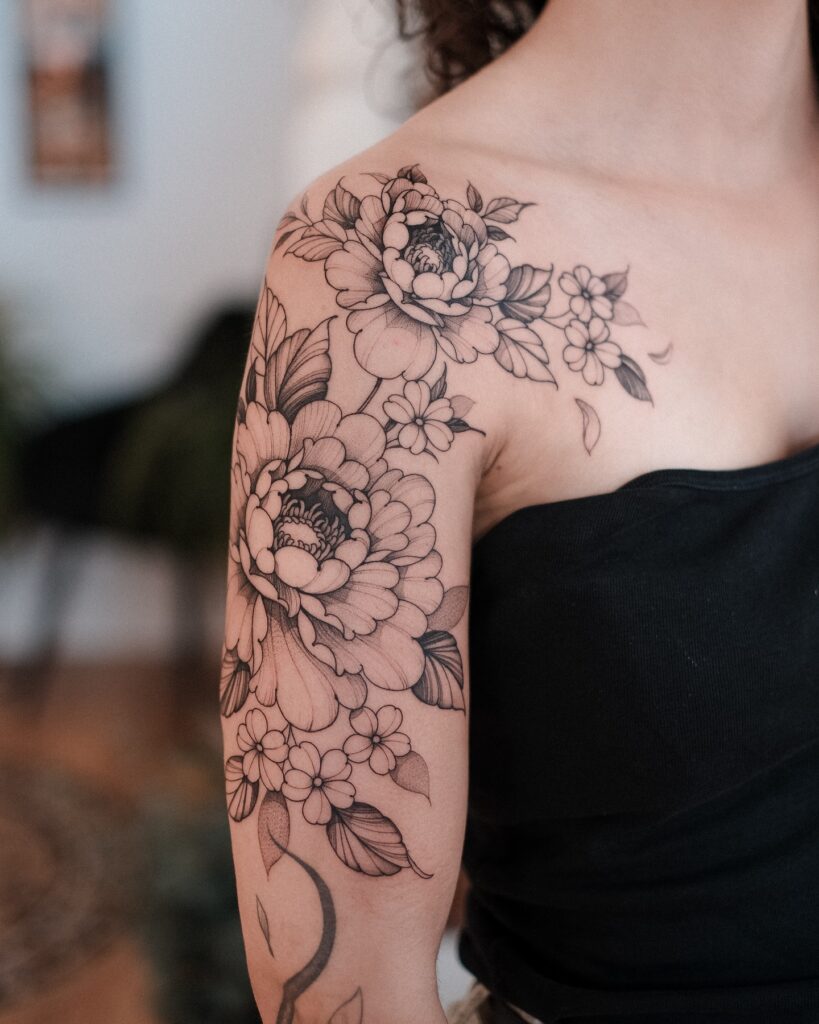 Delicate Shoulder Peony and Blossom Arrangement peony flower tattoo ideas tattoo