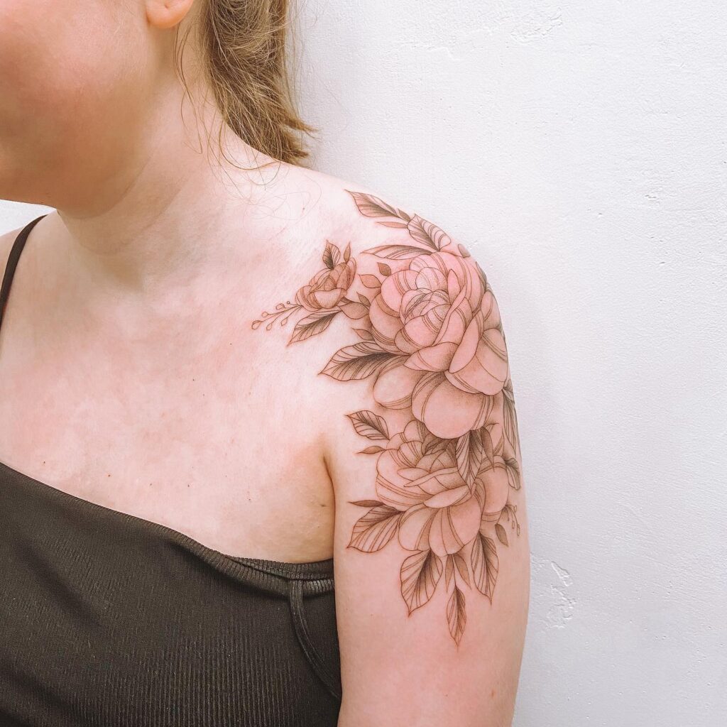 Delicate Shoulder Peony Linework Tattoo women shoulder flower tattoo ideas tattoo